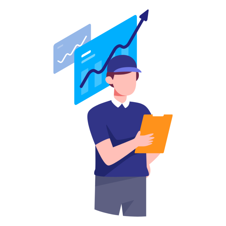 Home 3 Illustration of a coach wearing a cap, holding a clipboard, with a background showing a rising graph, alongside the text 'Attention to Every Detail' and a description emphasizing personalized guidance by expert swimming coaches.
