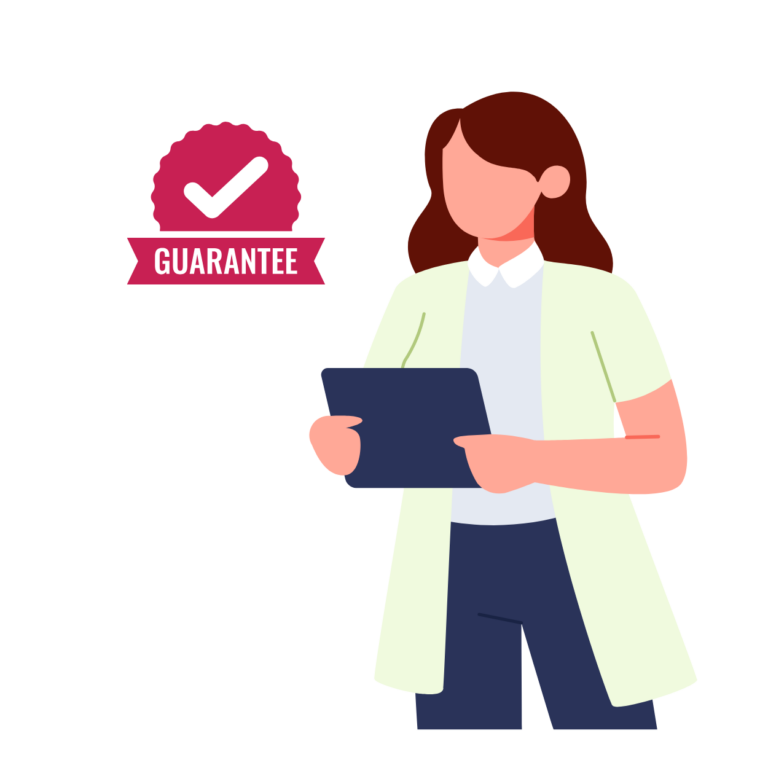 Home 5 Illustration of a coach holding a clipboard next to a badge with a checkmark labeled 'Guarantee.