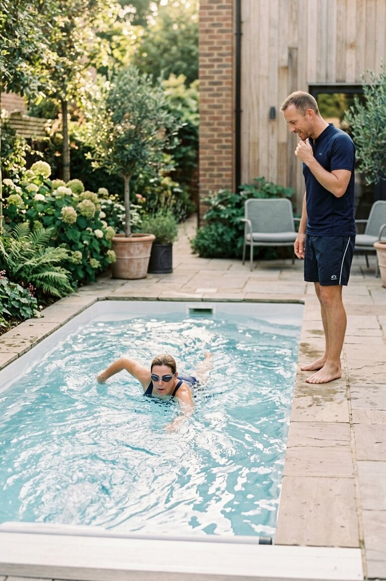 Adult training in a counter-current swim spa during an at-home swimming lesson