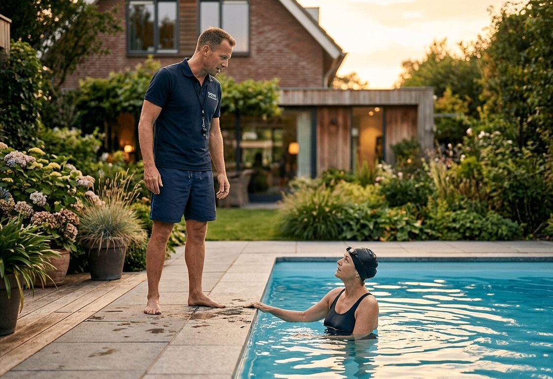 Swimming instructor coaching an adult in a private pool during a 1-on-1 at-home lesson