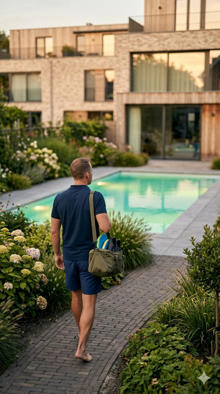 Instructor and adult swimmer at a private pool preparing for an at-home swimming lesson