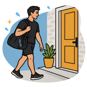 Home 4 Swimming coach arriving at a client's front door for an at-home swimming lesson
