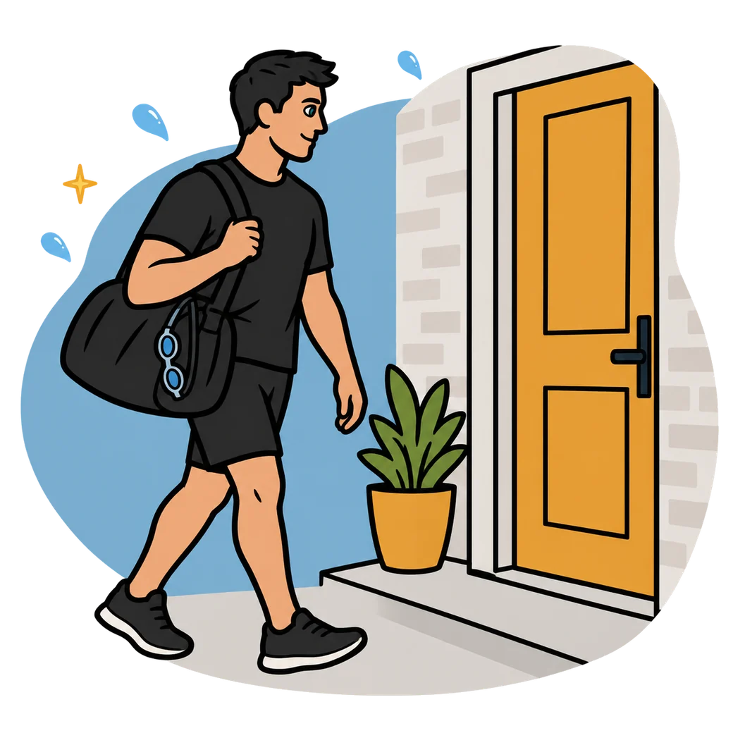 Illustration of a swimming coach arriving at a client's front door for an at-home swimming lesson