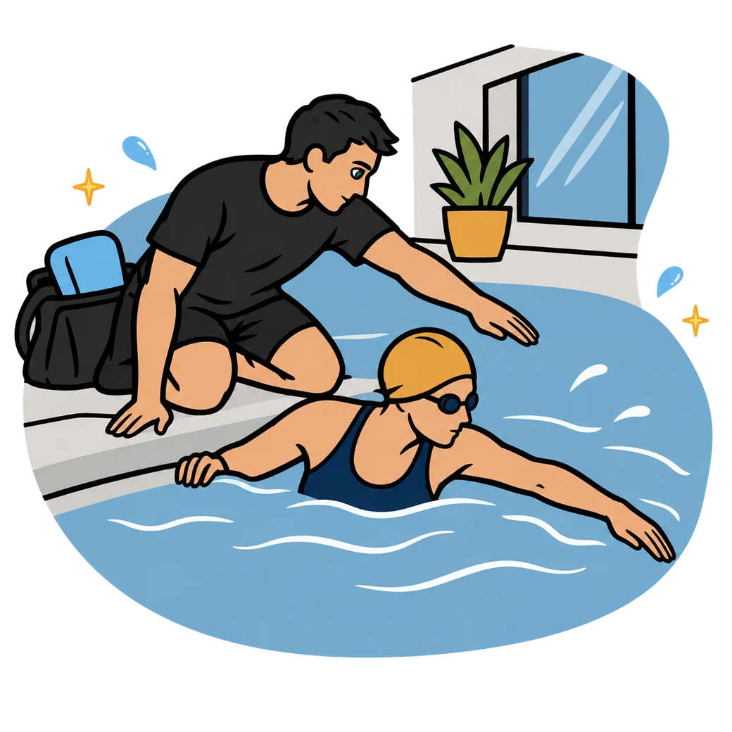 Illustration of a coach teaching an adult swimmer in a private pool at home during an at-home swimming lesson